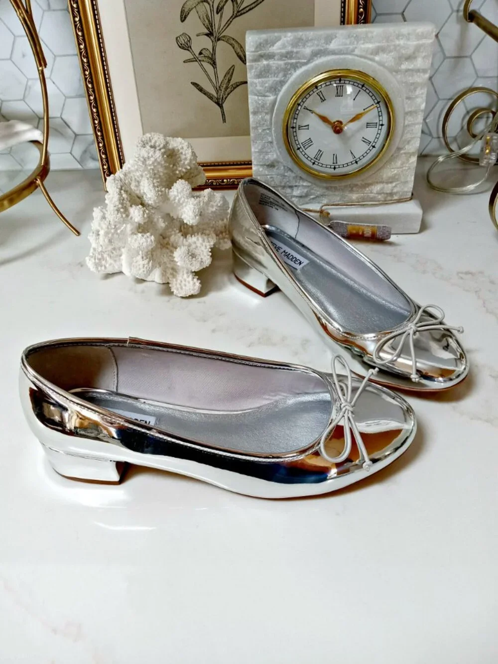 79.99 STEVE MADDEN SILVER CHERISH PATENT LOW HEELS